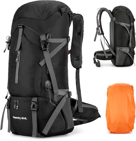 70L Sac à Dos Randonnée Grande Contenance 65L+5L Sac de Trekking Sac à Dos d'alpinisme et Voyage avec Housse de Pluie Étanche pour Les Voyages en Plein Air, Escalade et Camping (Noir)
