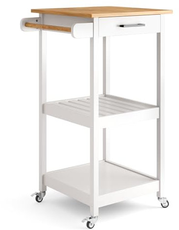 Xbro Küchenwagen auf Rollen mit Schublade, Ablage und Seitlichen Haken, Rollbarer Küchenwagen mit 2 Feststellbaren Rädern, Mikrowellenständer für Kleine Räume, Weiß