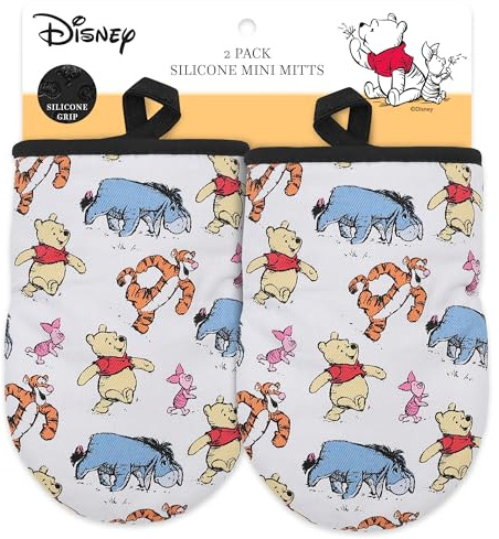 Disney Oven Mitts - 5.5” x 7.5” Heat-Resistant Mini Oven Mitts with Non-Slip Printed Silicone Disney Silhouettes - Mickey & Minnie, Stitch, Winnie The Pooh