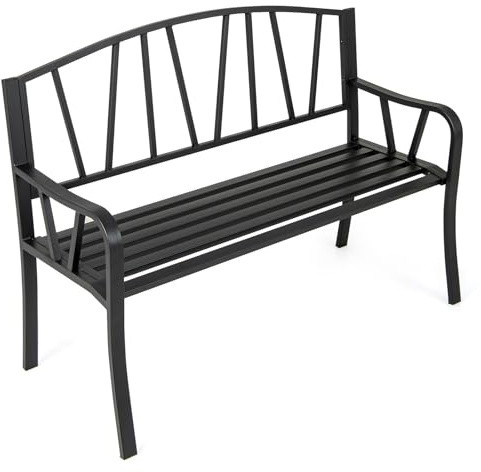 RELAX4LIFE Panchina da Esterno a 2-3 Posti, Panchina da Giardino a Doghe in Metallo con Schienale a a Strisce e Braccioli Curvati, Panca per Cortile/Parco, Max 300 kg, 129x53x93cm (Modello 17)
