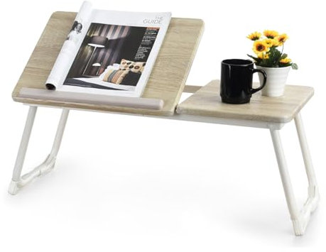 MEUBLE COSY Table de lit Tablette pour Prdinateur Portable Plateau Réglable Petit Bureau Nomade Support PC, Chêne + Blanc, 65x30x27.5cm