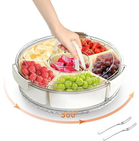 SEVEN BRANCH Divided Rotating Serving Tray with Lid, Veggie Trays for Parties, Large Snack Box Container with Lid for Kids, Rotating Fruit and Vegetable Tray with Handle for Fridge (Large 12)