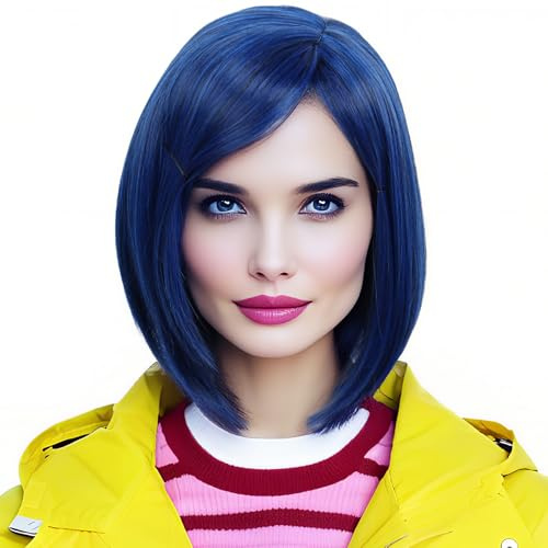 Linfairy Peluca Azul Corta de Mujer con Bangs Halloween Disfraz de Cosplay Peluca