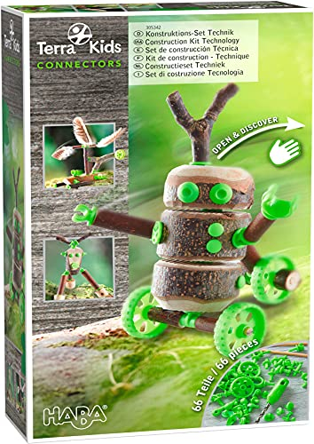 HABA 305342 - Terra Kids Connectors - Konstruktions-Set Technik, Kinder-Bastelset für bewegliche Konstruktionen, Verbinder aus Kunststoff für Holz und Kork, mit Handbohrer und Anleitung, grün
