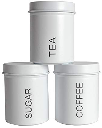 Harbour Housewares Round Metal Tea Coffee Sugar Canisters - Matte White - 3pc Set - Retro Kitchen Storage Loose Tea Coffee Beans Granulated Sugar Airtight Container Food Preserve Caddy with Lid