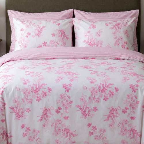 LERUUM Kingsize Duvet Cover Set 100% Cotton Pink Floral Striped Bedding | Fully Reversible Rose Bouquet & Classic Stripes, Two Charming Looks in One, Soft Cosy Quilt Bed Set with Cottage Style