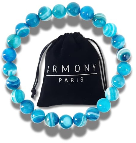 Bracelet Pierre Naturelle Femme Homme Bleu , Calme Equilibre Communication. Perle Agate Rayée bleue 8 mm de Qualité Supérieure. Bijoux Artisanal Solide et Durable. Cadeau Fête des Grands-Mères