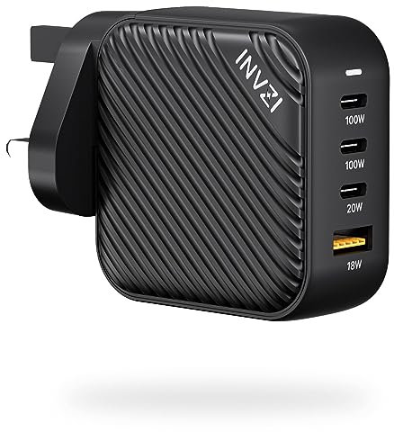 INVZI 100W USB C Multiport Charger, GaN III 4-Port USB Fast Charger Station Power Adapter for MacBook Pro Air, iPad Pro, Dell XPS, Galaxy S21/S20, iPhone 14 13 12/12 Pro, Note 20/10+, Pixel