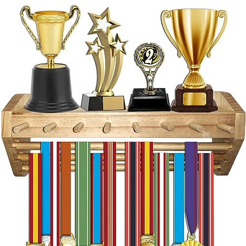 GAHEUNBB Estante de exhibición de medallas y trofeos con Ganchos, Soporte de Madera para medallas y trofeos, Estante de Metal montado en la Pared, exhibición de premios, Color Madera