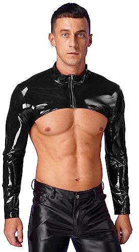 Freebily Homme Harnais Maillots de Corps Cuir Zippé Crop Tops Demi Débardeur Manche Longue Sport Fitness Rivet Veste de Bar Performance Leather Noir M