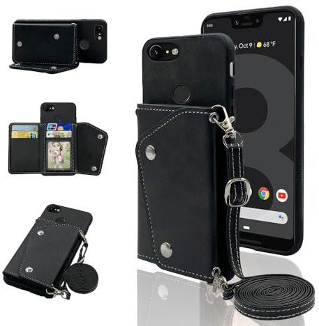Elisorli Phone Cover for Google Pixel 3 XL Wallet Case with Crossbody Shoulder Strap and Stand Leather Credit Card Holder Flip Purse Cell Accessories Pixel3XL Pixel3 LX Pixle 3XL Girls Women Men Black