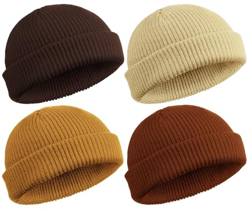 SATINIOR 4 Pieces Trawler Beanie Watch Hat Roll up Edge Skullcap Fisherman Beanie Unisex (Caramel, Khaki, Dark Caramel, Coffee)