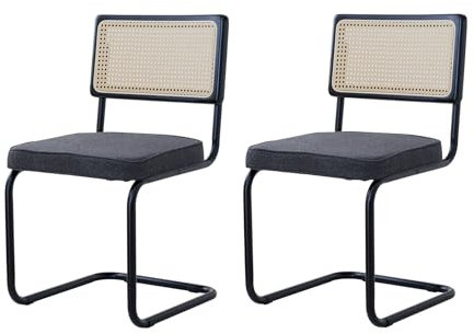 BenyLed Set om 2 matstolar i sammet med kromade metallben; moderna köksstolar med ryggstöd i massivt rottingträ (svart - fleece)