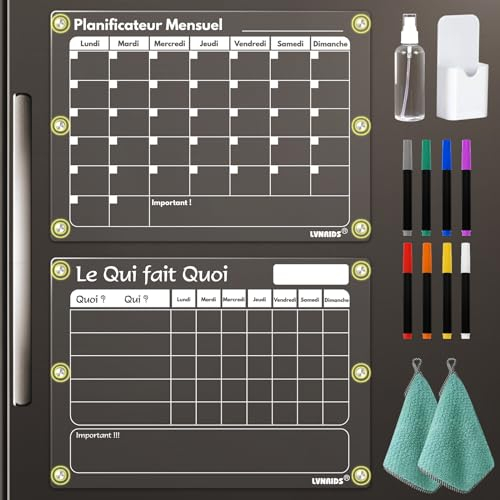 LVNRIDS 2 Pack Tableau Calendrier Magnétique Frigo Mensuel en Français, 42 x 30 cm Acrylique Planning Mensuel Effaçable et Tableau Magnétique Frigo Transparent pour Tâches Ménagères, 12 accessoires