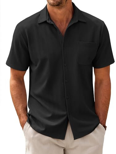 COOFANDY Mens Short Sleeve Shirt Herringbone Textured Shirts with Pocket Summer Regular Fit Button Down Stretch Casual Tops Black XL