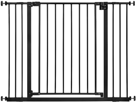 WOLTU Treppenschutzgitter, Türschutzgitter, Absperrgitter, inkl. 2 Verlängerungen von 10 cm, 75-107 cm, mit/ohne Bohren, Auto-Close, 90° Stop, beidseitig schwenkbar, 2 Riegel, Metall, Schwarz