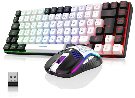 RedThunder 75% Wireless Gaming Keyboard and Mouse Set, DE TKL Layout, 85 Keys, Rechargeable Compact, Ultralight 7200DPI Mouse with Honeycomb Construction for PC, Mac, PS5, Xbox Gamer (White/Black)