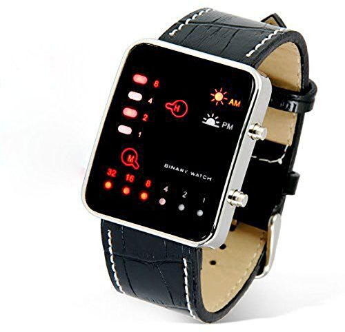Uhren Herren Lederarmband Analog Mens Women Digital Red Binary LED Armbanduhr Watch Leather Wrist Sport Herrenuhr Armbanduhren Billig (Black-2, One Size)