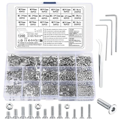 Wugongshan 1200 Piezas Tornillos de Cabeza Hexagonal y Avellanada Con Tuercas, Roscados de Cabeza Plana de Acero Inoxidable Para Muebles y Garaje, M2 M2.5 M3