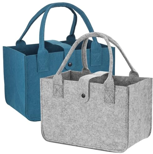 Huiguli 2 Stück Filztasche Einkaufstasche, 30x20x18cm XL Filz Henkeltasche, Faltbar Filztaschen Shopper, Tragetasche Filz zur Einkaufen, Aufbewahrung, Reisen, Picknick, Grau und Grünlich-grau