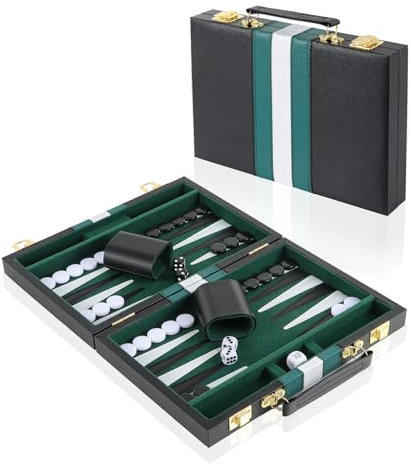 11 Zoll Brettspiel für 2 Spieler, Komplett Backgammon-Set im Koffer inklusive Zubehör – Tragbares Reisespiel mit Griff für Erwachsene (Grüner)