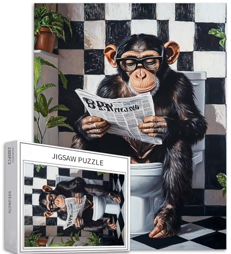 Monkey Sitting on Toilet 1000 Piece Jigsaw Puzzles for Adults Monkey Reading Newspaper Art Puzzle Colorful DIY Puzzles for Home Decoration Gifts Family Puzzle Perfect for Game Nights 20×27 Inches