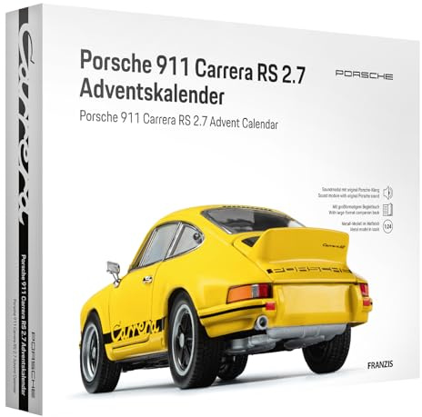 FRANZIS 67273 - Porsche 911 Carrera RS 2.7 Adventskalender - Modellbausatz im Maßstab 1:24, inkl. Soundbasis und 52-seitigem Begleitbuch