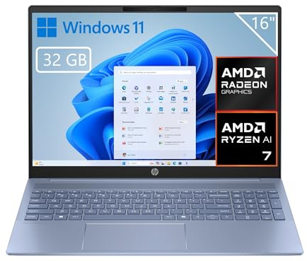 HP OmniBook 5 - Ordenador portátil de 16 2K (Procesador AMD Ryzen AI 7 350, 32GB RAM, 1TB SSD, AMD Radeon 860M, Windows 11) Azul - Teclado QWERTY Español