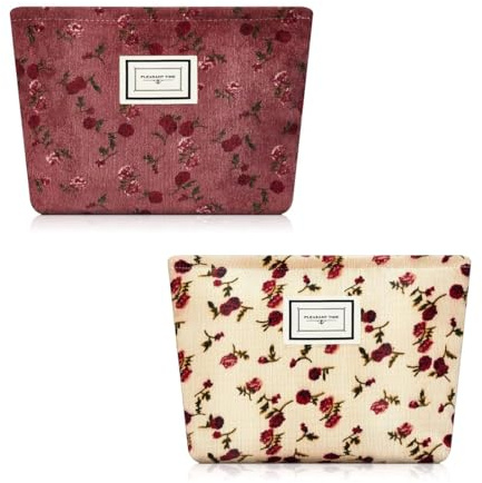 SGERUFZ Beauty Case, 2 pezzi, multifunzionale e di grande capacità, Borsa da Toilette, Set Donna, Necessaire da Viaggio, Pochette Trucchi, Trucco Floreale, Borse in Velluto a Coste