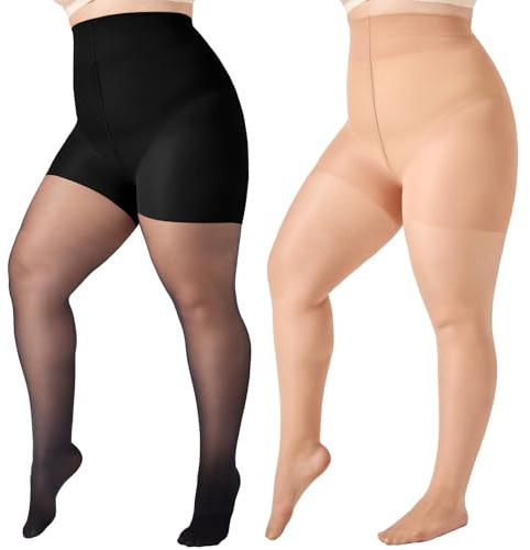 WiliW 2 Pairs Plus Size Control Top Pantyhose Ultra High Waist Sheer Tights Tummy Shaping Stockings for Women (Black+Natural,3XL-4XL)