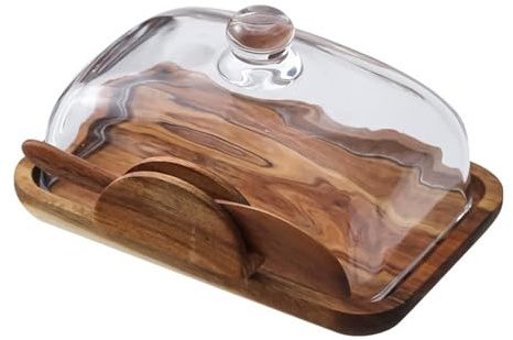 Holz Butterdose mit Glasdeckel - Akazienholz Butterdose mit klarer Kuppel, Klassisches Vintage-Hochzeitskuchen Tablett, Mehrzweck Snack Display Teller, Holzkonstruktion für Servieren und Backen