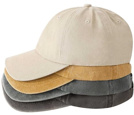 QFE 4 Pack Vintage Baseball Cap Hats for Men Women Dad Hat Trucker Blank Denim Adjustable Cotton Unconstructed Plain Washed Caps Distressed Golf Classic Low Profile Soft Beige+Yellow+Khaki+Darkgray