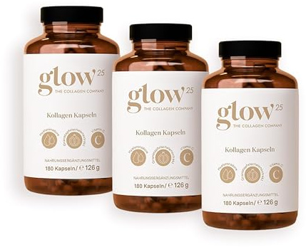 Glow25® Kollagen Kapseln hochdosiert [180 Kapseln x 3] mit Hyaluronsäure und Vitamin C | Premium Collagen Complex für eine schöne Haut | Ohne Zusatzstoffe | Laborgeprüft | Made in Germany