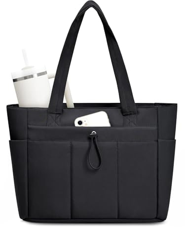 Laxee Tote Bags for Women, Lightweight Puffer Work Laptop Tote Bag with Zip and 15.6 Inch Laptop Compartment, Large Women's Handbag Shoulder Bag with Water Bottle Pocket for Work Travel School-Black