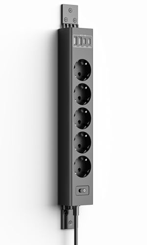 Inhwatek Grenuttag, väggmonterad, 360° monterbar, flera grenuttag med överspänningsskydd, 2 USB-C (PD20W) + 2USB-A (QC3.0 18W), 5-vägs grenuttag 2 m för vägg, hörn och underbord