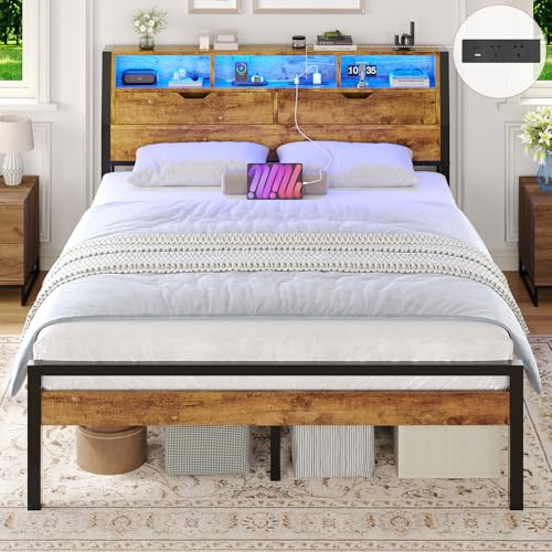 Brinlawb Double Bed Frame with Power Strip & LED Lights, Stable and Sturdy Metal Double Bed Frame with Wooden Headboard -2 Door Storage Compartments, 135x190cm Platform Bed Frame, No Box Spring Needed