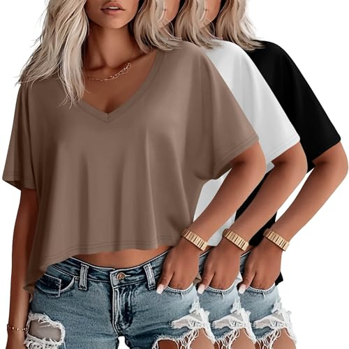 Geyoga Lot de 3 Crop Tops Oversize Femme Col V | T-shirts Amples, Hauts Manches Courtes, Tops À Ourlet Asymétrique, Vêtements Respirants, Tenue Décontractée, Mode