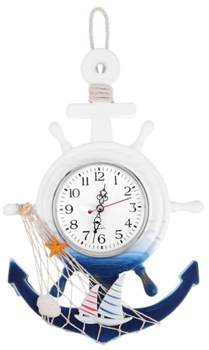 ROMISBABA Orologio da Parete Ancora Specchio con Timone in Legno e Plastica Decorazione Tema Marittimo per Soggiorno e Camera Stile Blu e Bianco