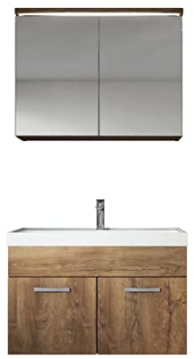 Badezimmer Badmöbel Set Paso 02 80cm Waschbecken Braun Eiche - Unterschrank Schrank Waschbecken Spiegelschrank Schrank