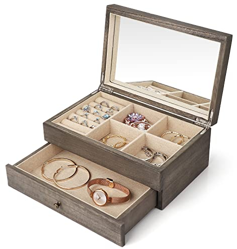 Meangood Jewelry Box Organizer for Women, 2 Layer Large Jewelry Storage Case, Rustic Wooden Jewelry Box with Mirror & Ring Tray for Necklace Earring Bracelets Rings, Vintage Style (Weathered Grey)