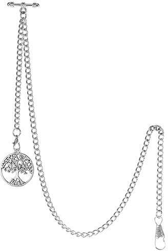 TREEWETO Taschenuhrkette mit T Bar Endstück Albert T-Bar Taschenuhr Kette mit Antiker Lebensbaum Anhänger und 2 Haken für Weste Knopfloch Silber