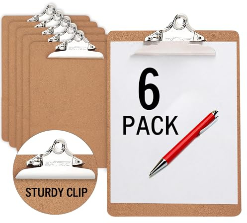 6 Clipboards Standard A4 Letter Size, 9x12.5 inch Wooden Clipboard with 6 Metal Clip, Hardboard, Ideal for 8.5 x 11 Inch Paper, for Office, School, and Home Use