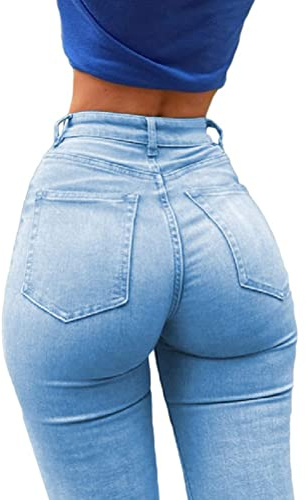 ORANDESIGNE Femmes Skinny Jeggings Leggings de Couleur Unie Taille Haute Coupe Slim Ceinture élastique Pantalon Jeans B Bleu Clair M