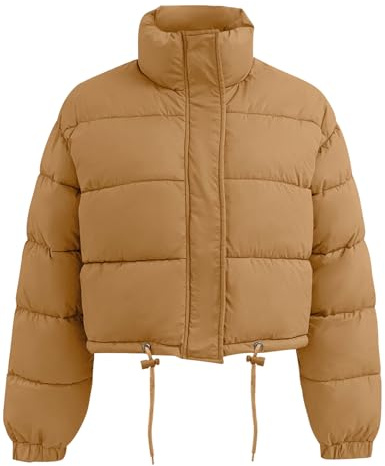 Flygo Women Cropped Puffer Jacket Winter Long Sleeve Quilted Puffy Bubble Padded Short Coats with Drawstring(Khaki-L)