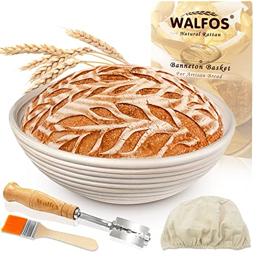Walfos Lot de paniers de fermentation ronds pour la cuisson du pain - 23 cm - En rotin naturel - Avec couteau à pain, brosse de nettoyage et housse en lin - Idéal pour la cuisson du pain