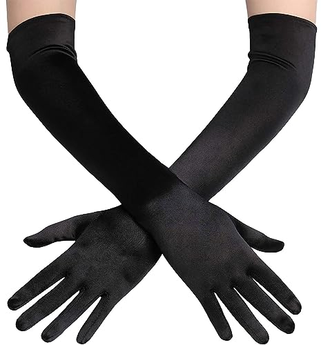 JOCXZI Damenhandschuhe Schwarz, Lang, 53 cm, Satin, Vintage-Design, Perfekt für Partys & Kostüme