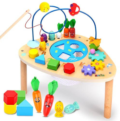 ZHUSI Aktivität Tisch für 1+Jahr, 6 in 1 hölzerne Montessori Spielzeug mit Angeln Spiel Perle Labyrinth Form Sorter Spielzeug, Baby Sensorik Spielzeug, 1st Geburtstag Geschenke für Mädchen Jungen