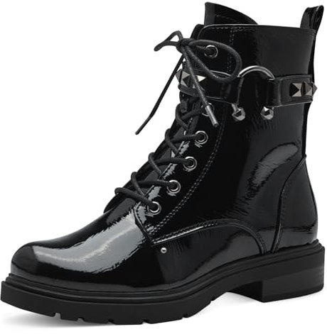 MARCO TOZZI Damen Stiefeletten zum Schnüren mit Nieten mit Reißverschluss, Schwarz (Black Patent), 38 EU