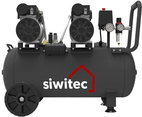 siwitec Flüsterkompressor SK-1500 | 1500 W | 50 L Kessel | max. Druck 8 bar | 67 dB | 252 l/min Ansaugleistung | ölfrei & wartungsarm | Druckluftkompressor | Kompressor mit Schnell-Anschluss-Kupplung