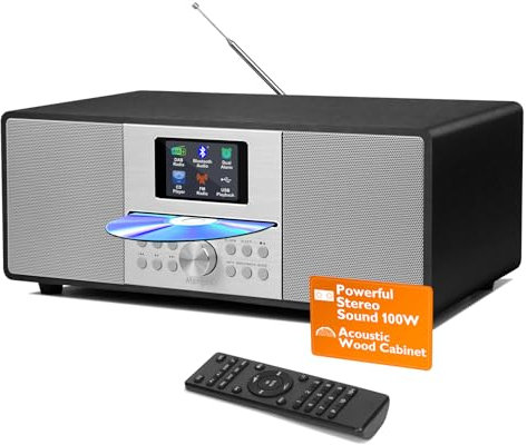 MangoKit MS4 Lecteur CD Radio Dab Chaîne HiFi I Bluetooth I Puissante Chaîne Stéréo I Radio Numérique Dab+I Meuble en Bois Acoustique Lecteur CD avec Haut-parleurs, Prise Casque I Noir Métallique